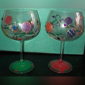 Smithereens Vintage Hand-painted Christmas Wine Glasses Set of 2